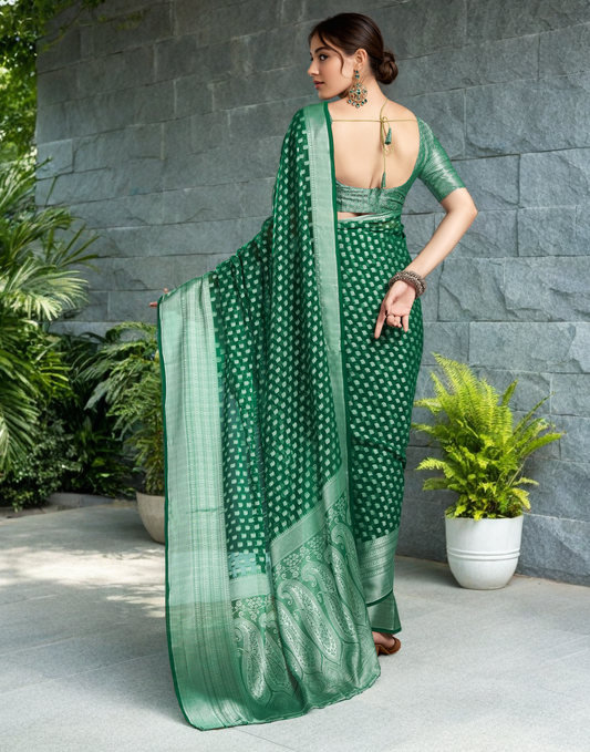 Green Fancy Georgette Saree With Jacquard Weaving Work