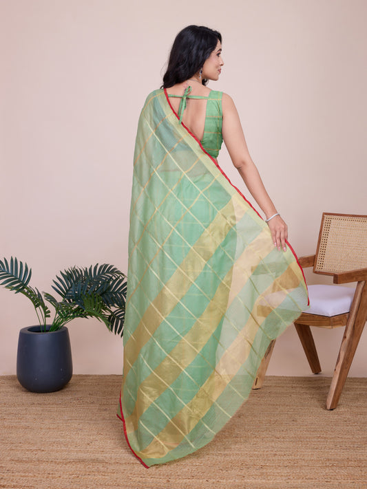 Pista Green Kota Doriya Saree With Zari Weaving Work