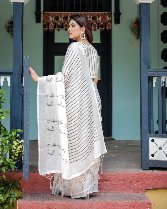 White Summer Special Digital Printed Linen Cotton Saree