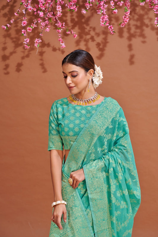 Sea Green Soft Cotton Saree With Lucknowi Work