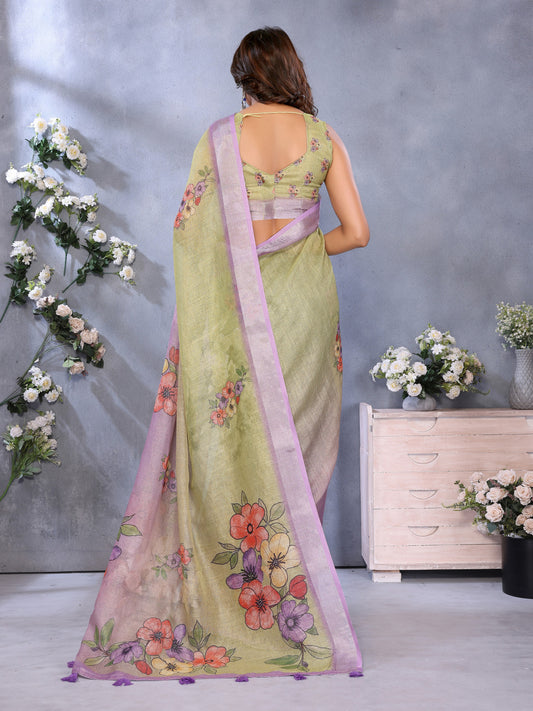 Multi Linen Cotton Saree With Digital Printed Work And Silver Zari Border