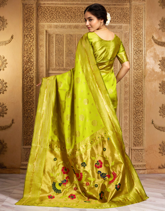 Parrot Green Paithani Silk Saree With Zari Weaving Work