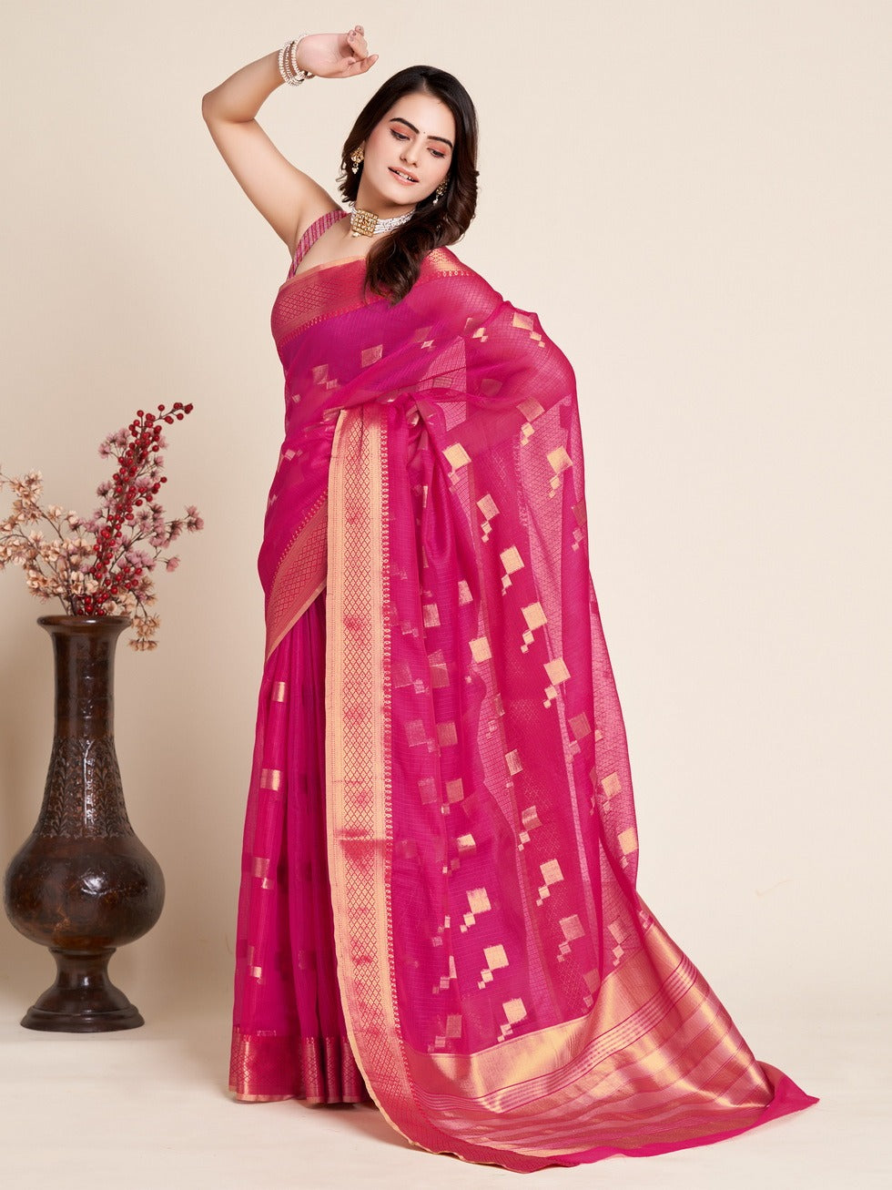 Rani Pink Color Kota Doriya Saree With Zari Weaving Work