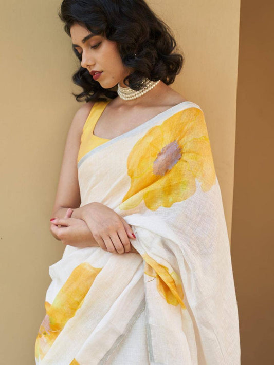 Yellow Color Plain Mix Linen Cotton Saree With Digital Printed Work