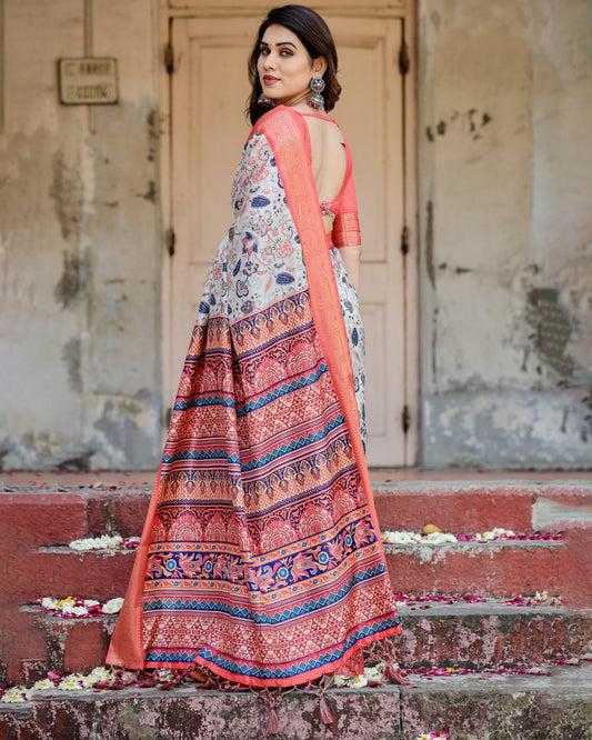 Multi Color Digital Printed Tussar Silk Saree With Zari Motif Border | Designer Festive Ethnic Wear – JaipurSaaj