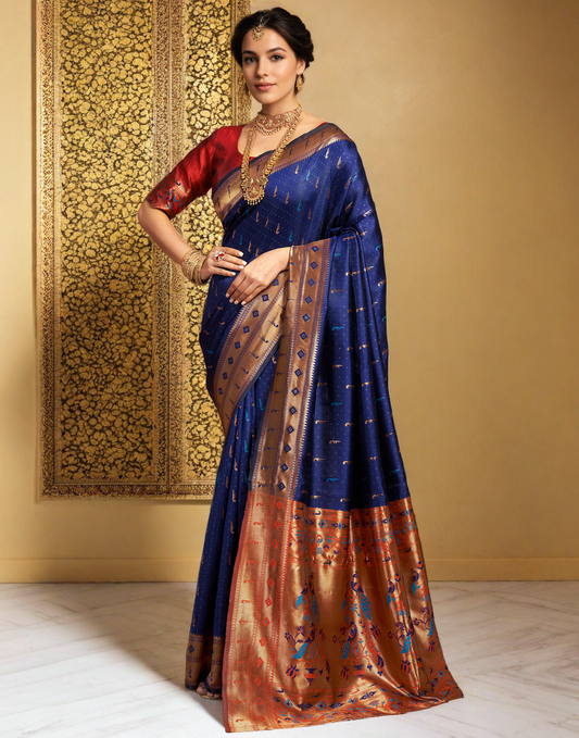 Traditional Navy Blue Paithani Silk Saree With Zari Weaving Work