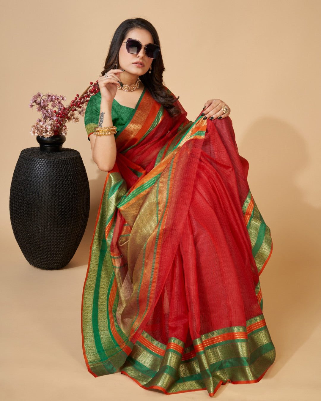 Red Color Kota Doriya Saree With Zari Weaving Work