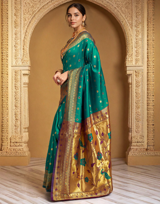 Traditional Rama Green Paithani Silk Saree With Zari Weaving Work