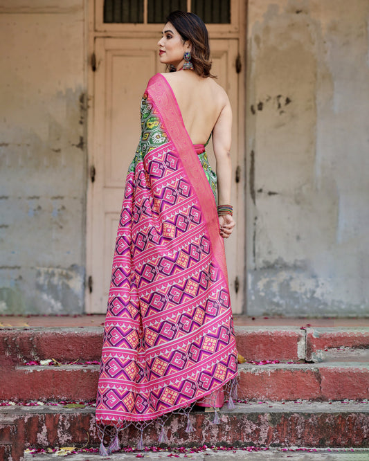 Green Digital Printed Tussar Silk Saree With Zari Motif Border | Designer Festive Ethnic Wear – JaipurSaaj