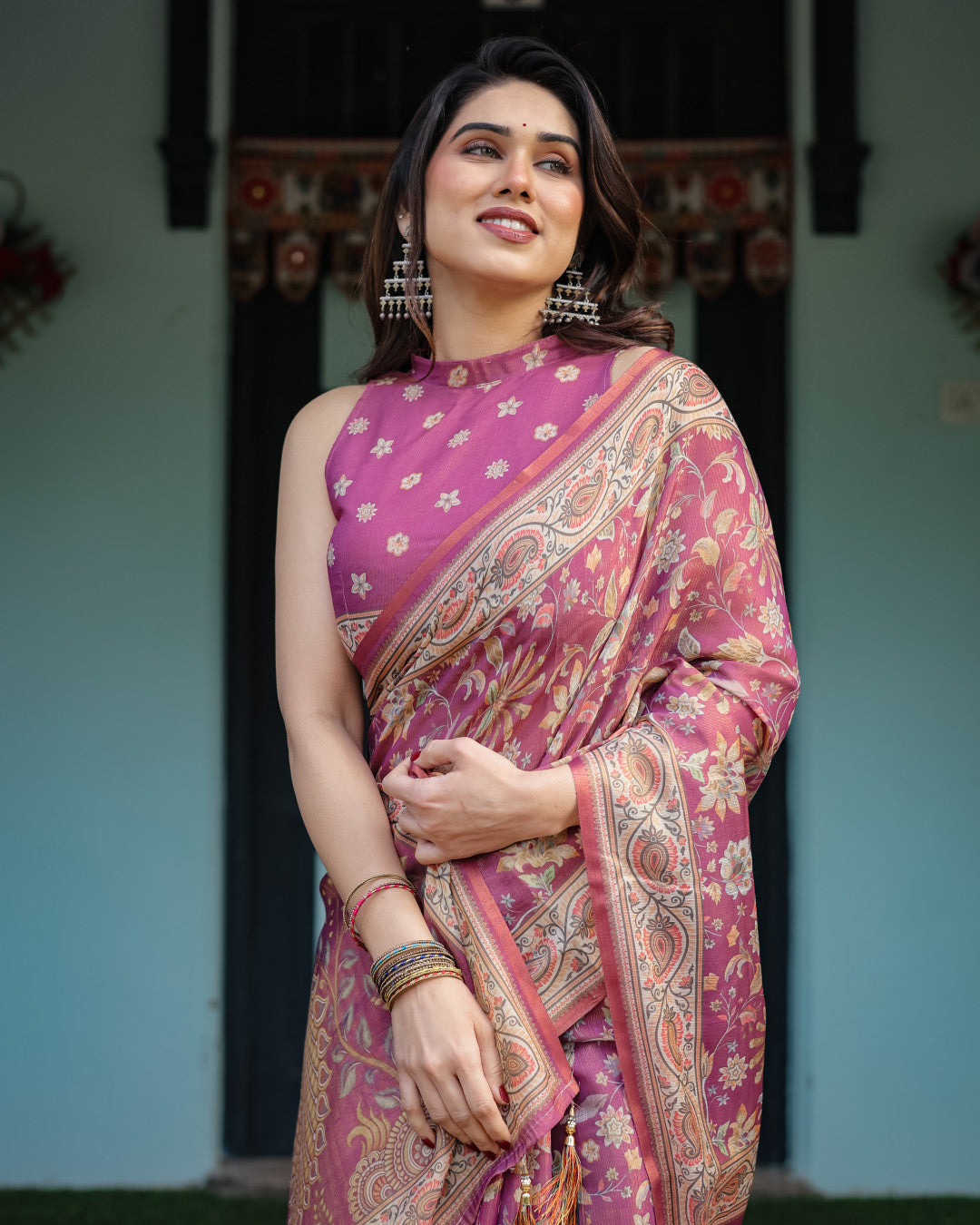 Magenta Soft Linen Cotton Saree With Kalamkari Printed Work