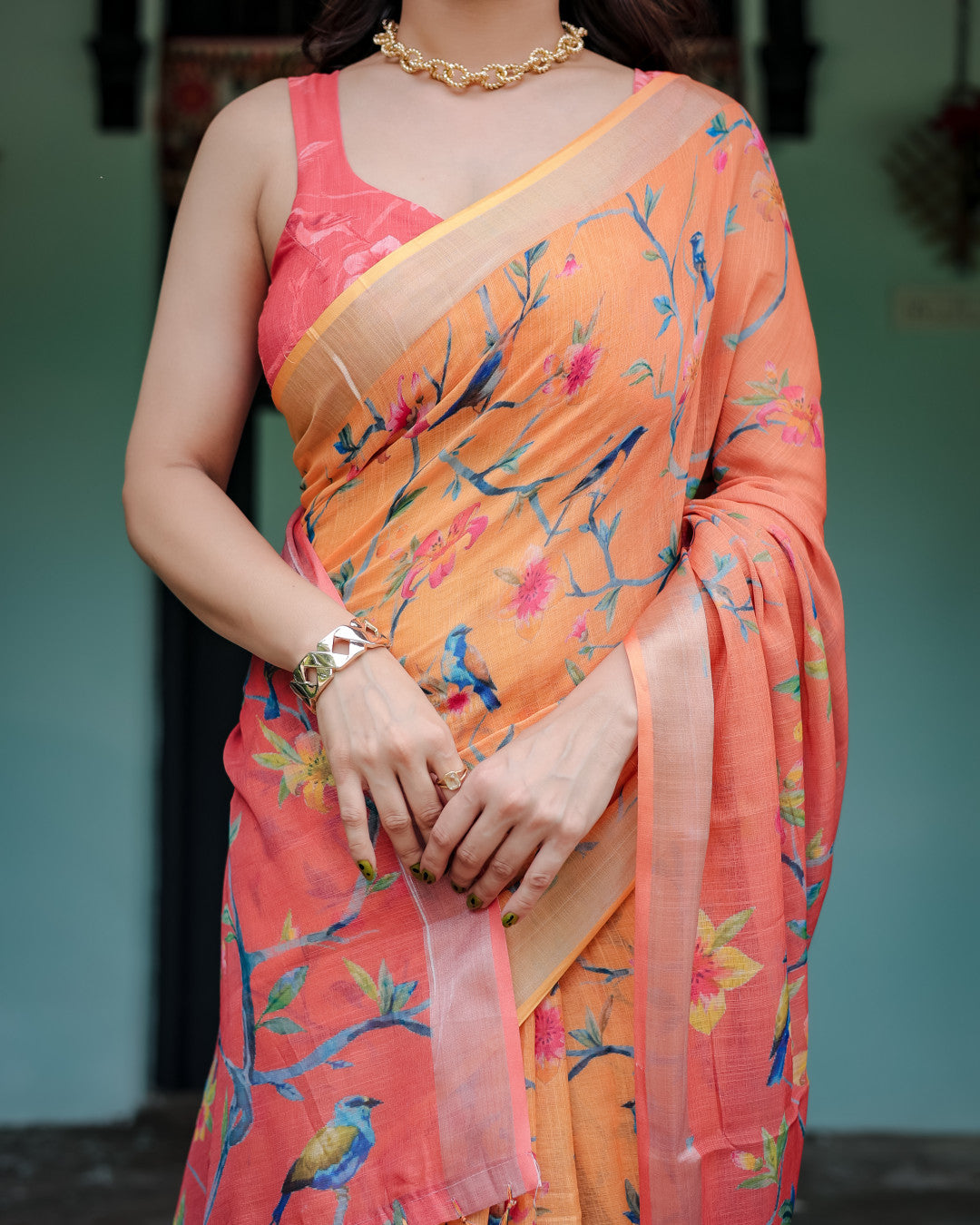 Peach Floral Digital Printed Linen Cotton Saree