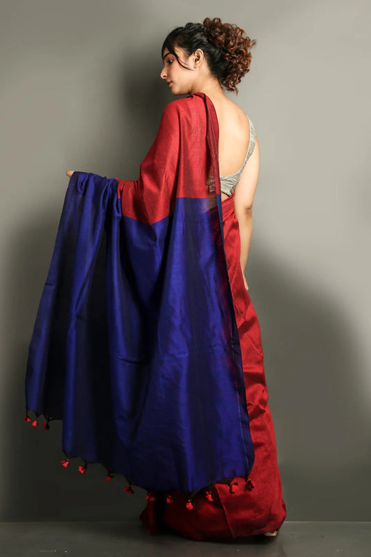 Red Color Plain Khadi Cotton Saree With Fancy Tassel Work