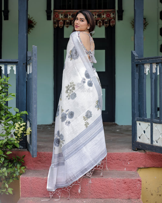 White Summer Special Digital Printed Linen Cotton Saree