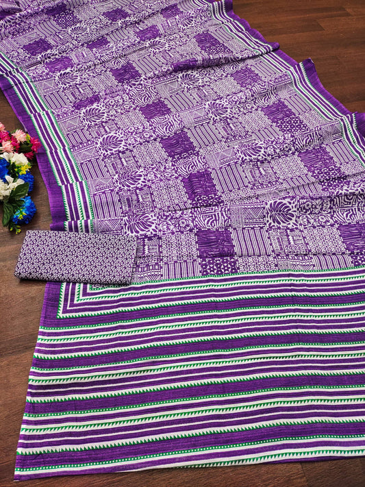 Purple Color Soft Pure Cotton Silk Saree With Bagru Print Work