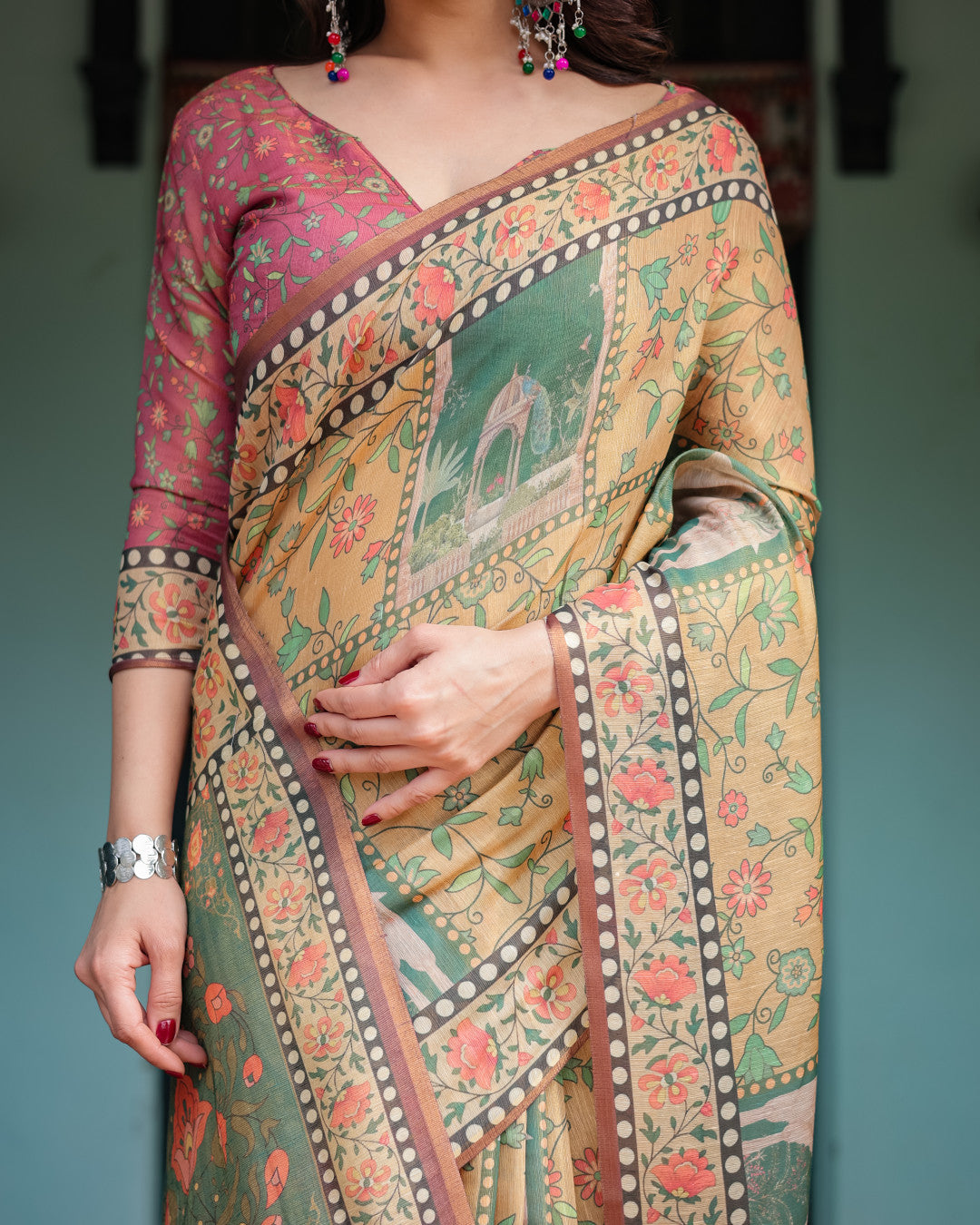 Light Yellow Soft Linen Cotton Saree With Kalamkari Printed Work