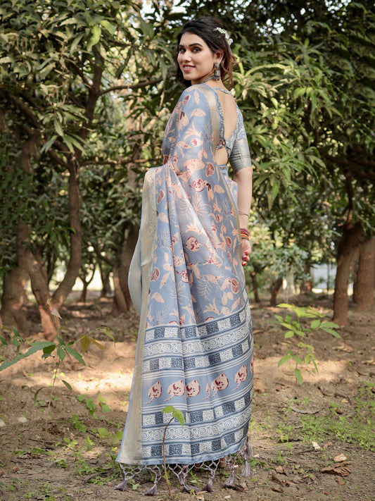 Gray Tussar Silk Saree with Floral Woven Motifs & Zari Border | Traditional Festive Wear – JaipurSaaj