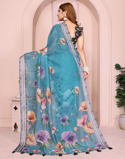 Blue Linen Cotton Saree With Digital Printed Work And Silver Zari Border