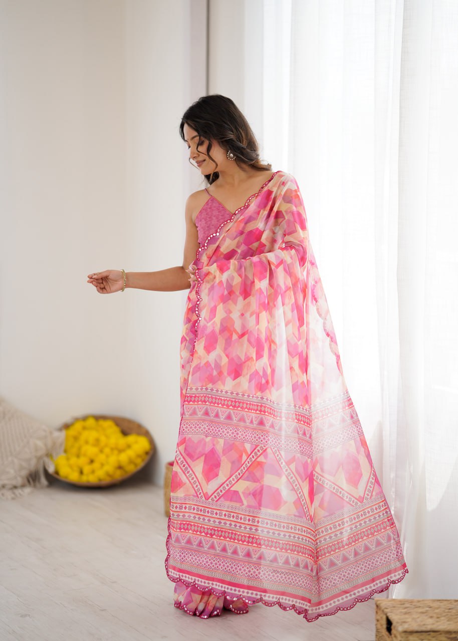 Pink Georgette Saree With Printed And Mirror Work With Arco Border