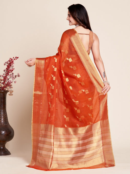 Orange Color Kota Doriya Saree With Zari Weaving Work