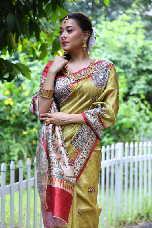 Mahendi Green Madhubani Printed Soft Tussar Silk Saree | Traditional Festive Ethnic Wear – JaipurSaaj