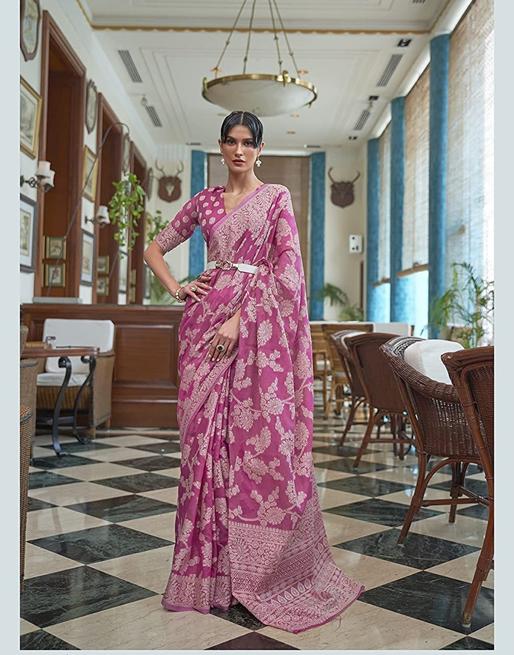 Pink Soft Cotton Saree With Lucknowi Work