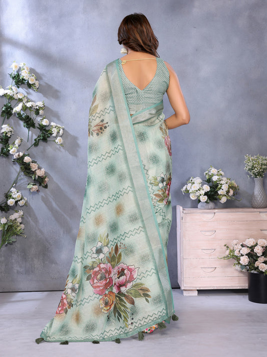 Sea Green Linen Cotton Saree With Digital Printed Work And Silver Zari Border