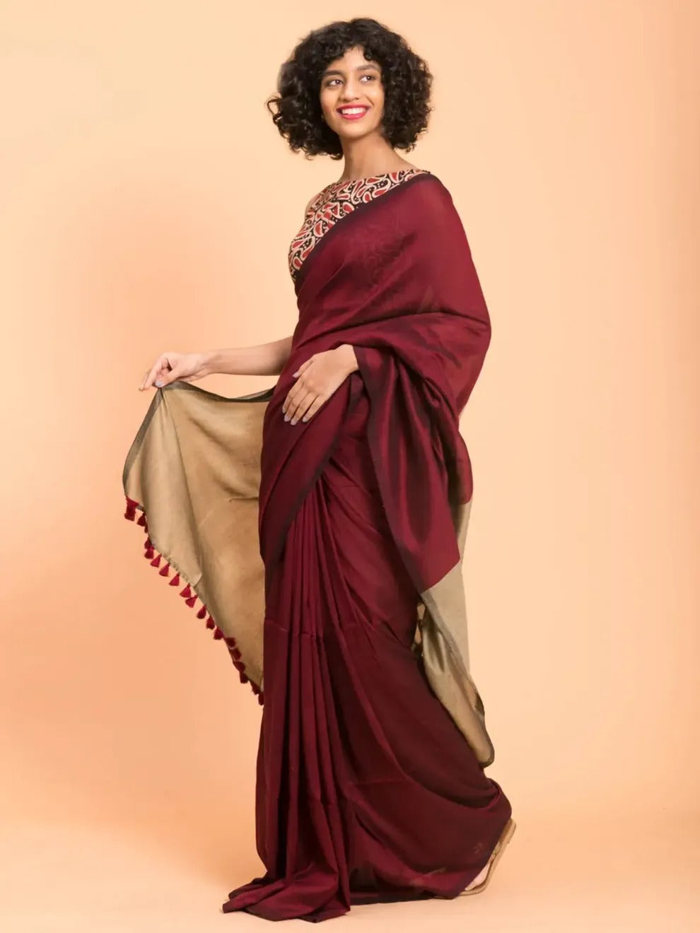 Maroon Color Plain Khadi Cotton Saree With Fancy Tassel Work