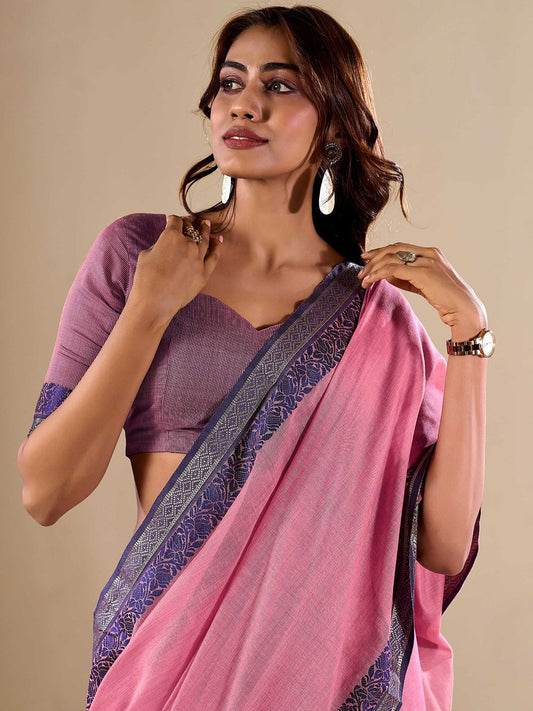 Baby Pink Linen Cotton Saree With Weaving Work