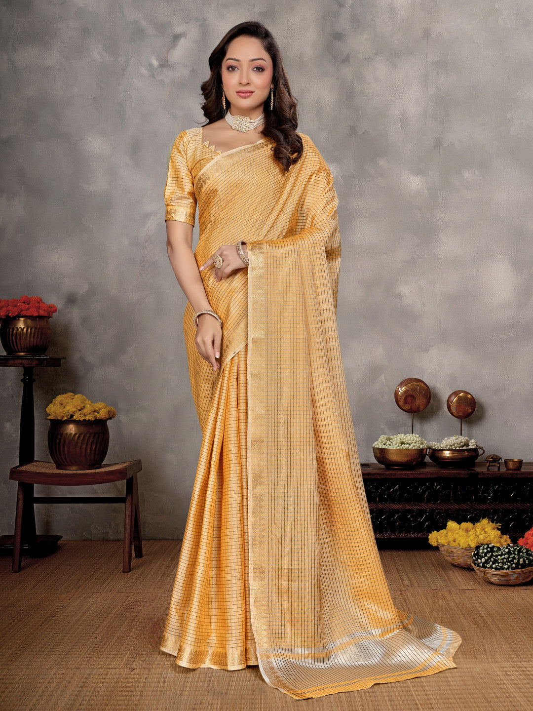 Peach Soft Linen Silk Saree With Zari Weaving Work