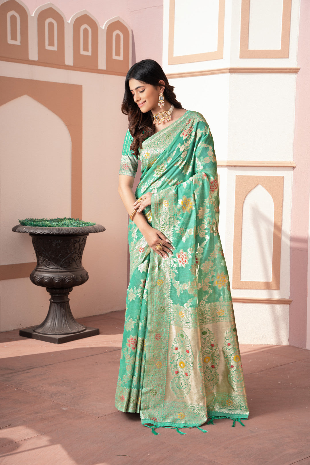 Sea Green Banarasi Cotton Silk Saree With Zari Woven Work