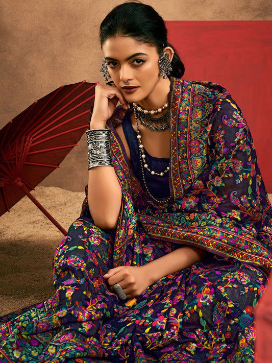 Blue Traditional Pashmina Silk Saree With Woven Design