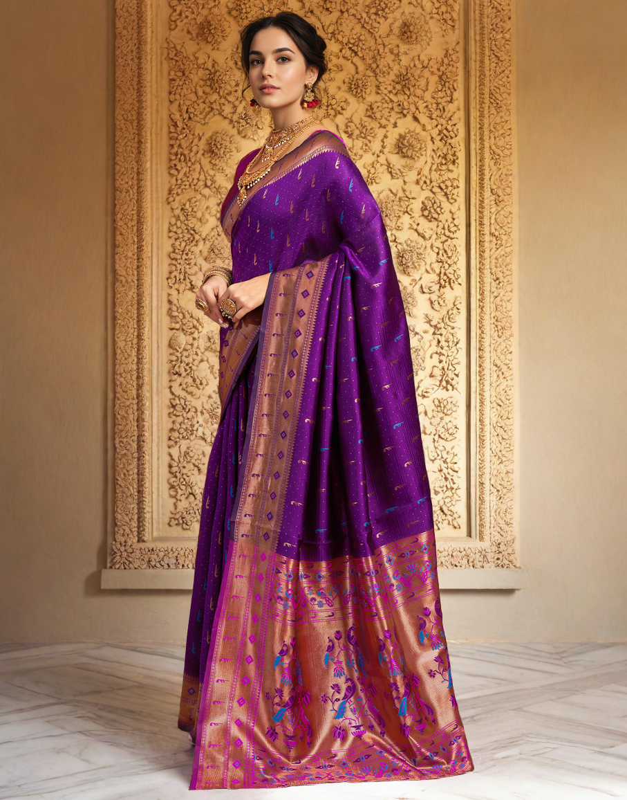 Traditional Purple Paithani Silk Saree With Zari Weaving Work