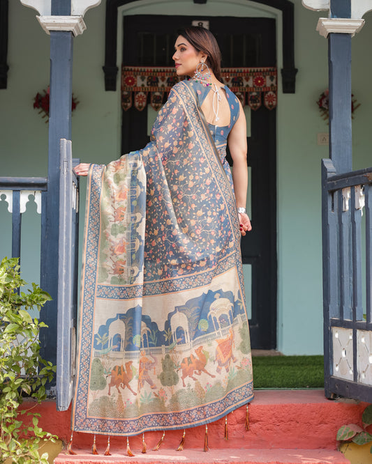 Blue Soft Linen Cotton Saree With Kalamkari Printed Work