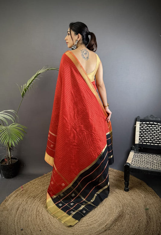 Red Soft Cotton Silk Saree With Zari Weaving Work