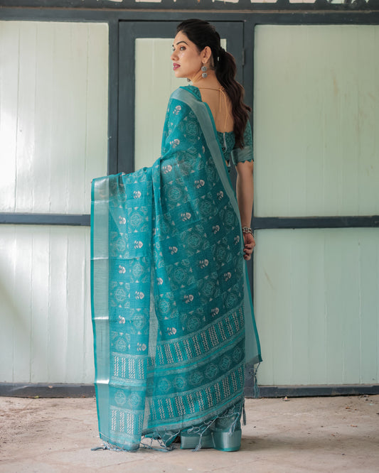 Rama Green Soft Linen Cotton Saree With Digital Printed Work