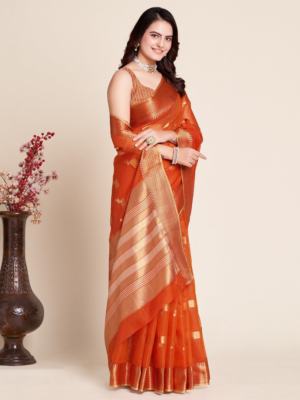 Orange Color Kota Doriya Saree With Zari Weaving Work
