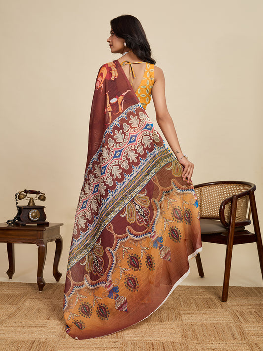 Maroon Linen Cotton Saree With Digital Printed Work And Silver Zari Border