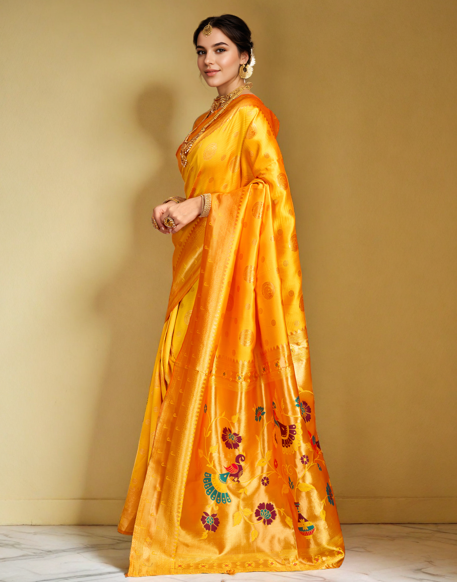 Yellow Paithani Silk Saree With Zari Weaving Work