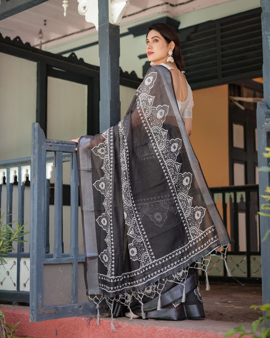 Black Summer Special Digital Printed Linen Cotton Saree
