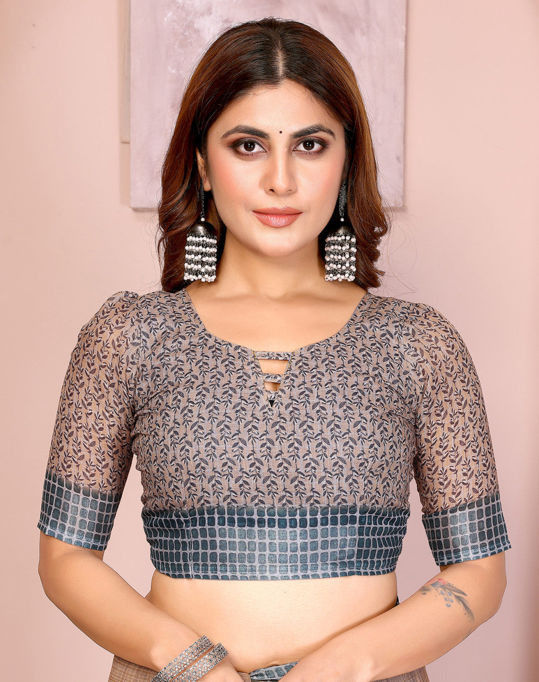 Beige Linen Cotton Saree With Digital Printed Work And Silver Zari Border