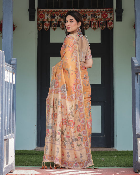 Orange Soft Linen Cotton Saree With Kalamkari Printed Work