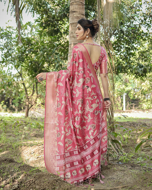 Pink Tussar Silk Saree with Floral Woven Motifs & Zari Border | Traditional Festive Wear – JaipurSaaj