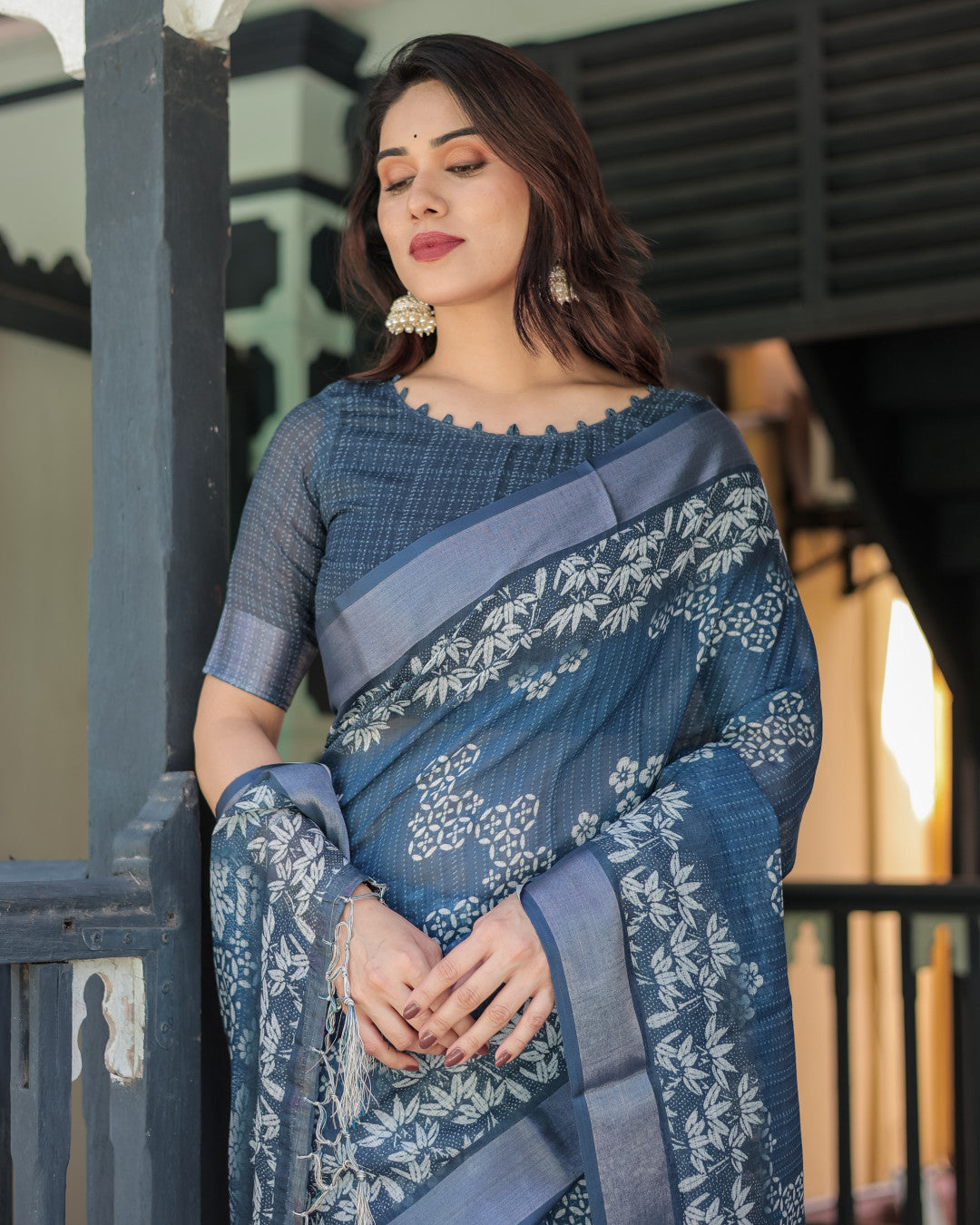 Blue Soft Linen Cotton Saree With Digital Printed Work