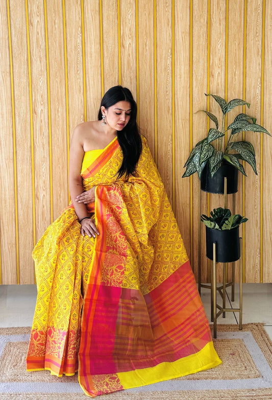 Yellow Soft Cotton Saree With Jacquard Border
