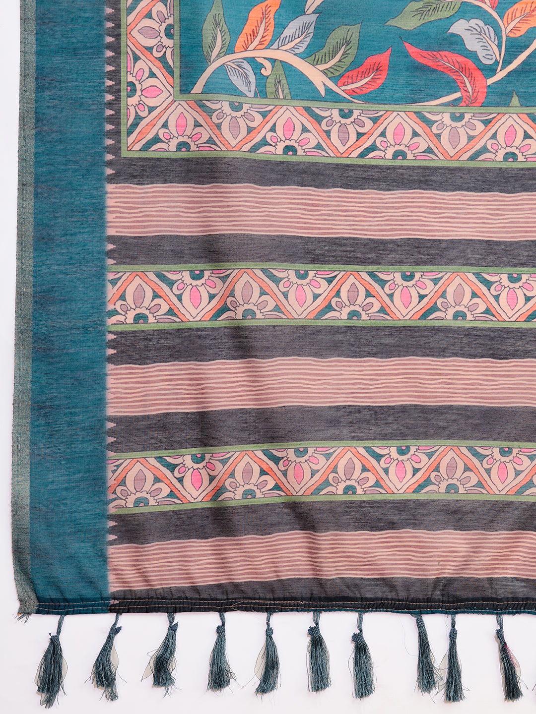 Rama Green Soft Linen Cotton Saree With Kalamkari Digital Printed Work