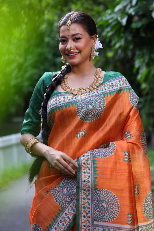 Orange Madhubani Printed Soft Tussar Silk Saree | Traditional Festive Ethnic Wear – JaipurSaaj