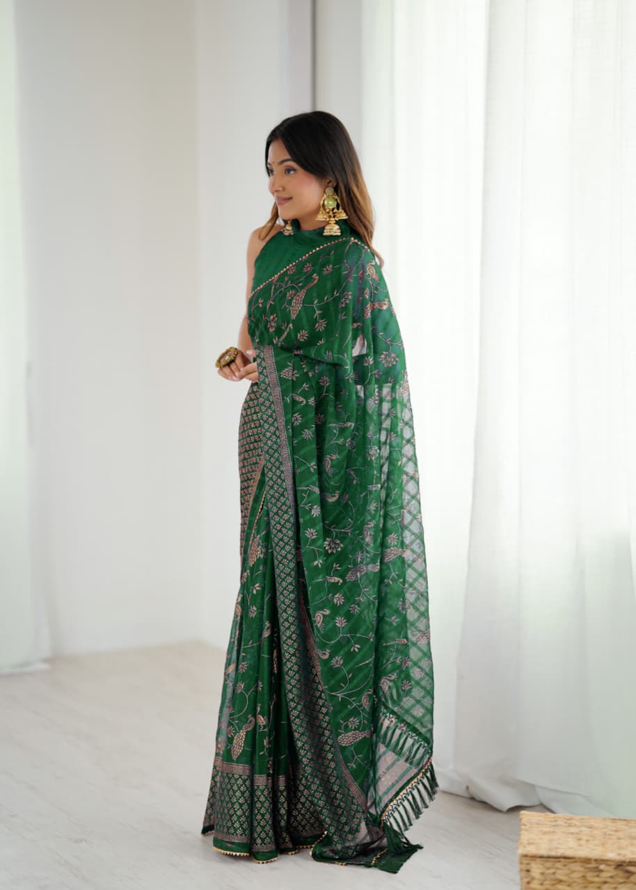 Dark Green Color Georgette Saree With Digital Printed Work And Lace Border