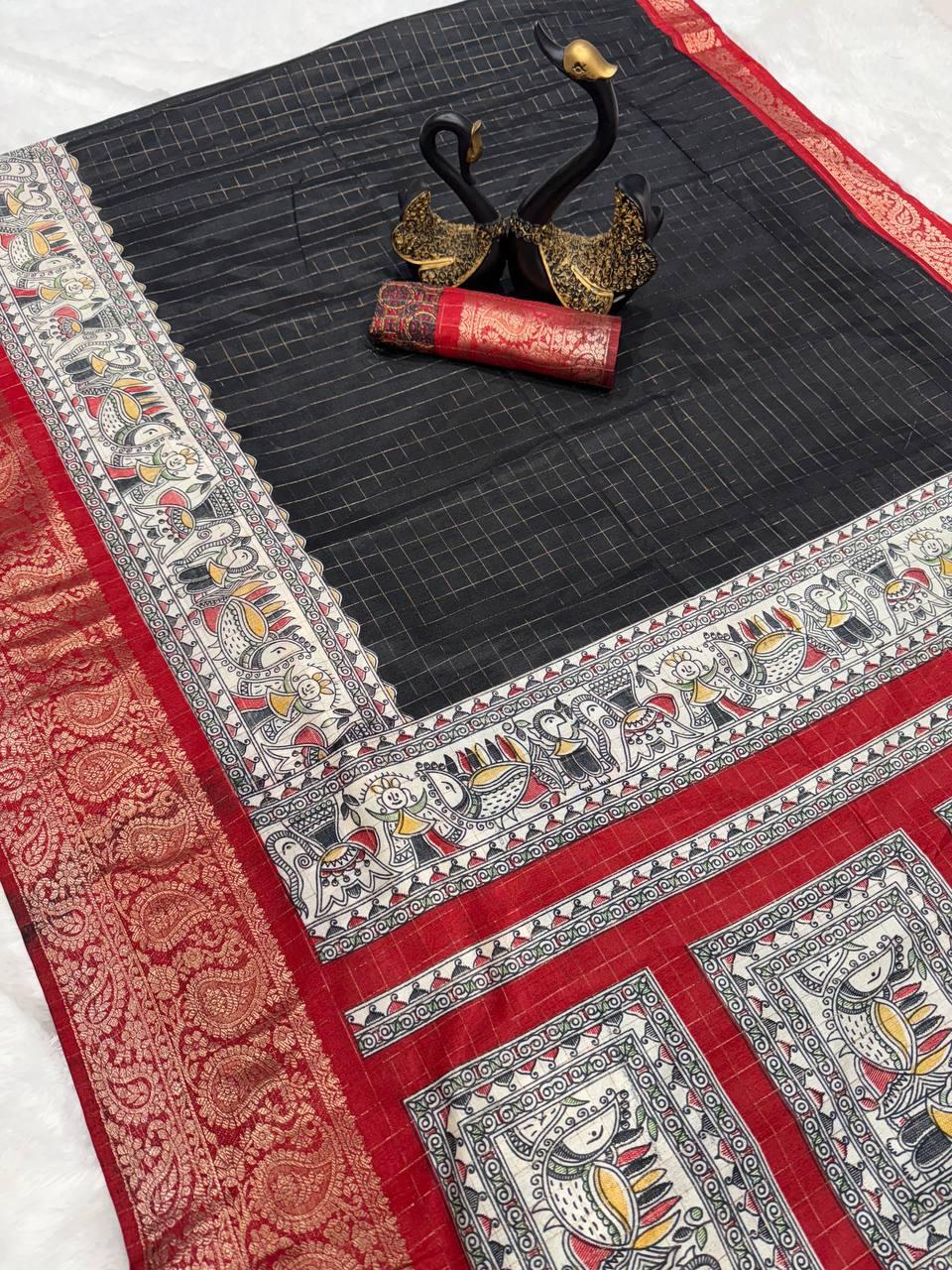 Black Dola Silk Saree With Beautiful Madhubani Printed Pallu Work