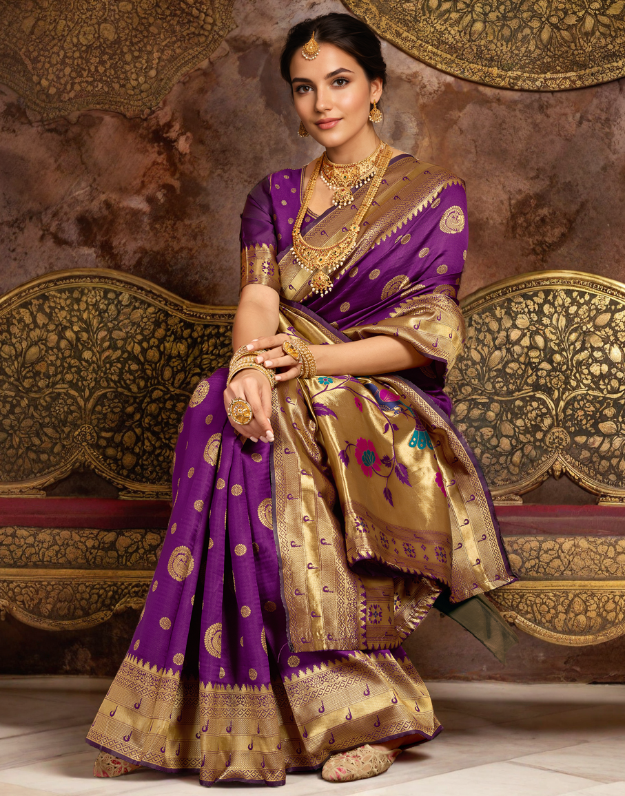 Wine Paithani Silk Saree With Zari Weaving Work