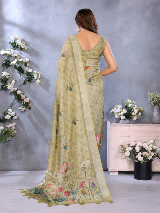 Mahendi Green Linen Cotton Saree With Digital Printed Work And Silver Zari Border